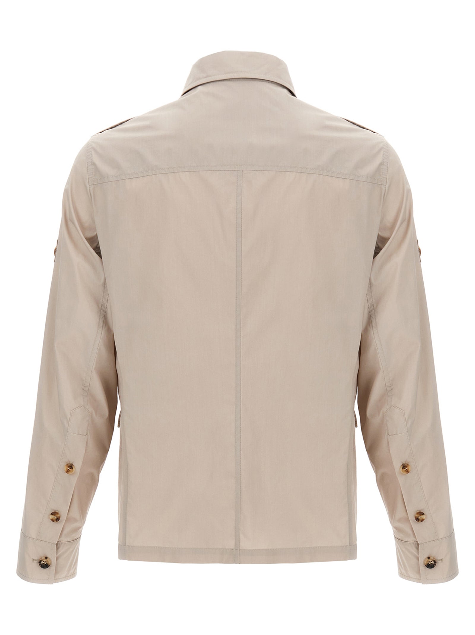 Overcoat by Brunello Cucinelli for men in polyamide cotton canvas beige showcases a architectural silhouette, artfully detailed with a distinctive shirt-collar neckline and functional pockets for a architectural finish.