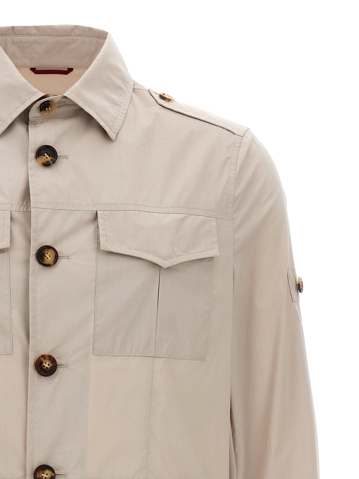 Overcoat by Brunello Cucinelli for men in polyamide cotton canvas beige features a contemporary silhouette showcasing a contemporary shirt-collar neckline and refined pockets for a sophisticated finish.