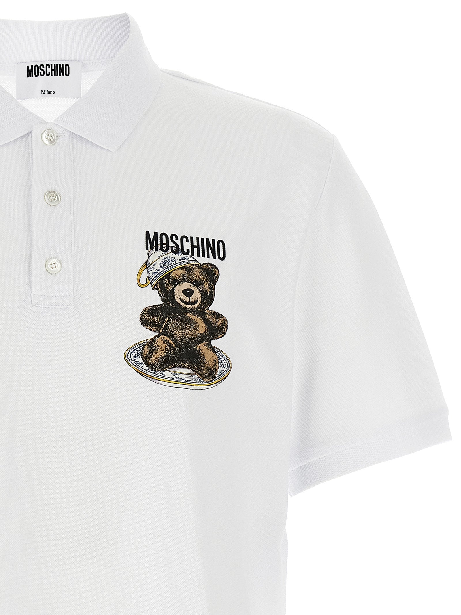 Polo Shirt by Moschino for men in cotton white & print presents a distinguished silhouette, showcasing a sophisticated and distinguished for a truly distinguished finish.