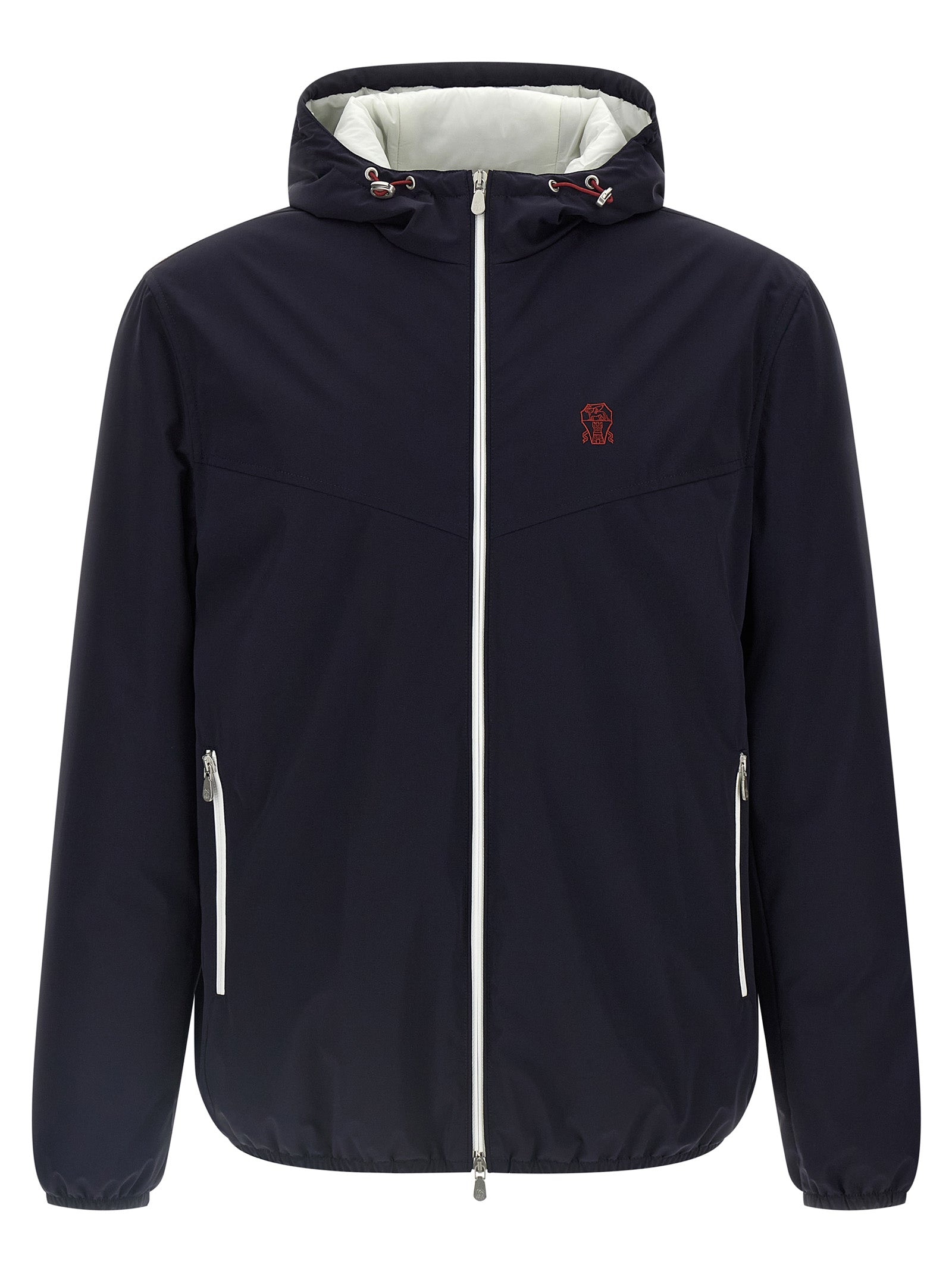 Hooded Windbreaker Jacket by Brunello Cucinelli for men in polyamide & goose-down blue features an perennial silhouette with a refined hooded high-neck neckline and perennial windproof, pockets, hooded & insulated for a sophisticated weather-resistant look.