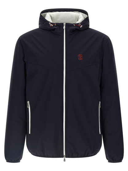 Hooded Windbreaker Jacket by Brunello Cucinelli for men in polyamide & goose-down blue features an perennial silhouette with a refined hooded high-neck neckline and perennial windproof, pockets, hooded & insulated for a sophisticated weather-resistant look.
