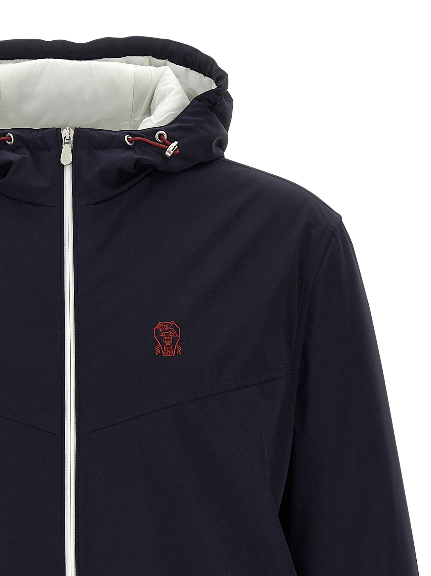 Hooded Windbreaker Jacket by Brunello Cucinelli for men in polyamide & goose-down blue showcases a urban chic silhouette, detailed with a urban chic hooded high-neck neckline and functional windproof, pockets, hooded & insulated for a polished finish.