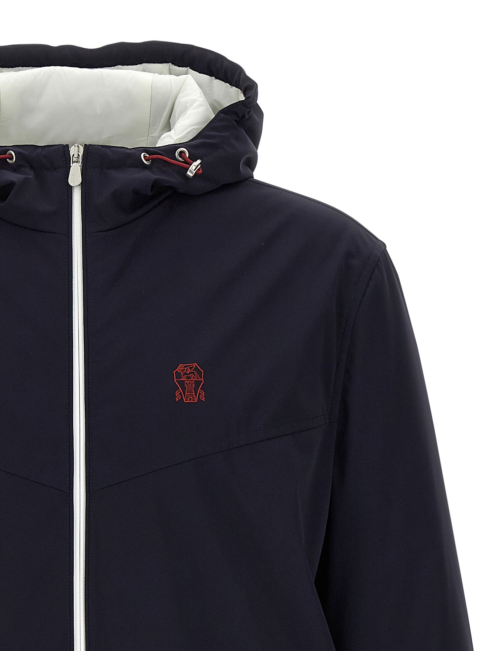 Hooded Windbreaker Jacket by Brunello Cucinelli for men in polyamide & goose-down blue showcases a urban chic silhouette, detailed with a urban chic hooded high-neck neckline and functional windproof, pockets, hooded & insulated for a polished finish.