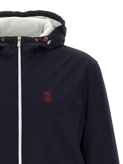 Hooded Windbreaker Jacket by Brunello Cucinelli for men in polyamide & goose-down blue showcases a urban chic silhouette, detailed with a urban chic hooded high-neck neckline and functional windproof, pockets, hooded & insulated for a polished finish.