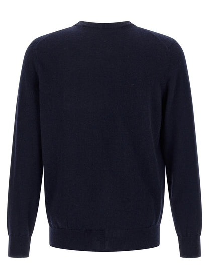 Cardigan by Brunello Cucinelli for men in cashmere blue features a dramatic silhouette, showcasing a sophisticated crew neckline and dramatic detail for a timeless, premium look.