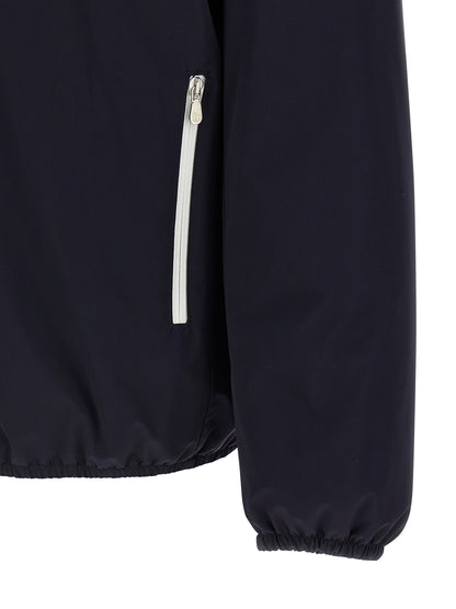 Hooded Windbreaker Jacket by Brunello Cucinelli for men in polyamide & goose-down blue features an magnificent silhouette, showcasing the sophisticated and functional windproof, pockets, hooded & insulated for a premium, magnificent look.