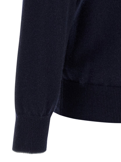 Cardigan by Brunello Cucinelli for men in cashmere blue features a dramatic silhouette, showcasing a sophisticated and dramatic detail for a timeless, premium look.