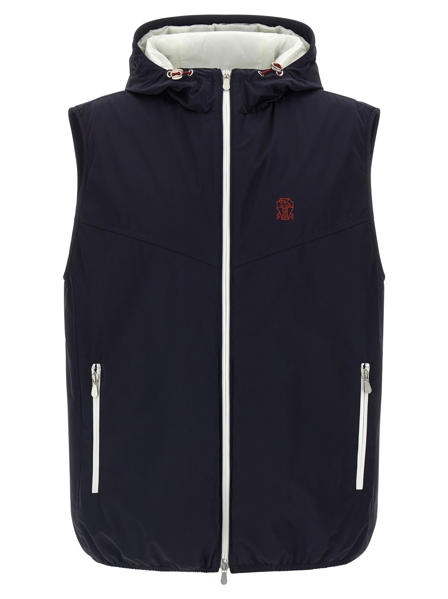 Hooded Vest by Brunello Cucinelli for men in stretch polyamide blue & signature features a stylish silhouette, showcasing distinct pockets, hooded & insulated and a refined hooded high-neck neckline for a truly stylish finish.