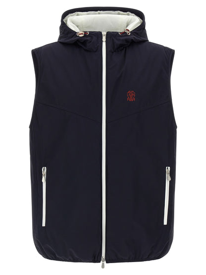 Hooded Vest by Brunello Cucinelli for men in stretch polyamide blue & signature features a stylish silhouette, showcasing distinct pockets, hooded & insulated and a refined hooded high-neck neckline for a truly stylish finish.
