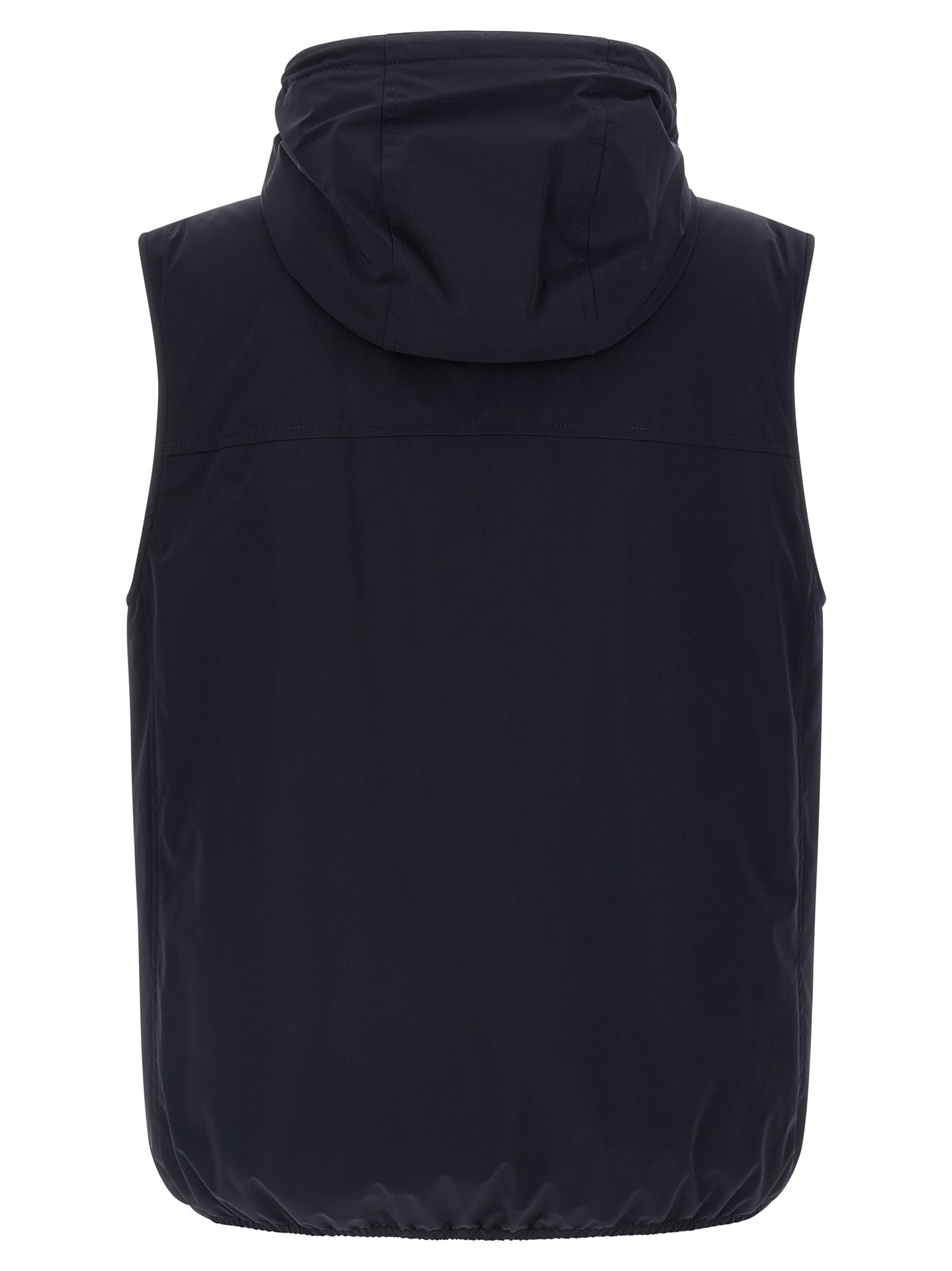 Hooded Vest by Brunello Cucinelli for men in stretch polyamide blue & signature features an on trend silhouette, showcasing a sophisticated hooded high-neck neckline and premium pockets, hooded & insulated for a truly on trend finish.