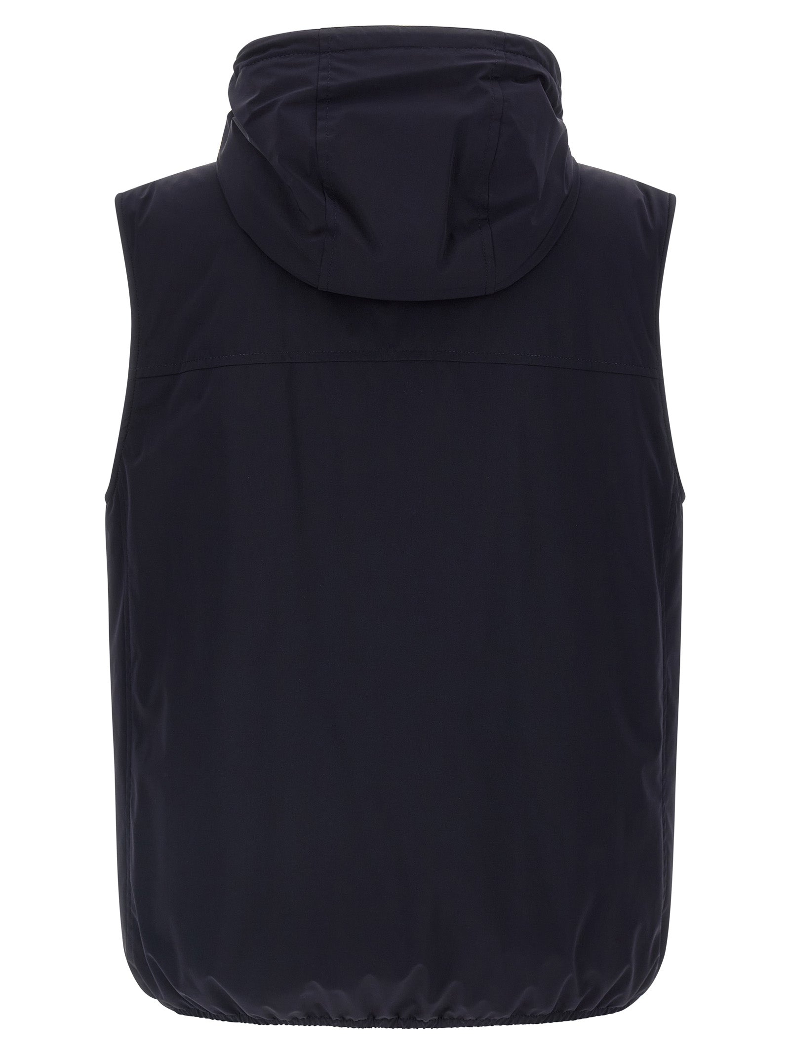 Hooded Vest by Brunello Cucinelli for men in stretch polyamide blue & signature features an on trend silhouette, showcasing a sophisticated hooded high-neck neckline and premium pockets, hooded & insulated for a truly on trend finish.
