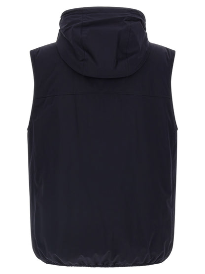 Hooded Vest by Brunello Cucinelli for men in stretch polyamide blue & signature features an on trend silhouette, showcasing a sophisticated hooded high-neck neckline and premium pockets, hooded & insulated for a truly on trend finish.