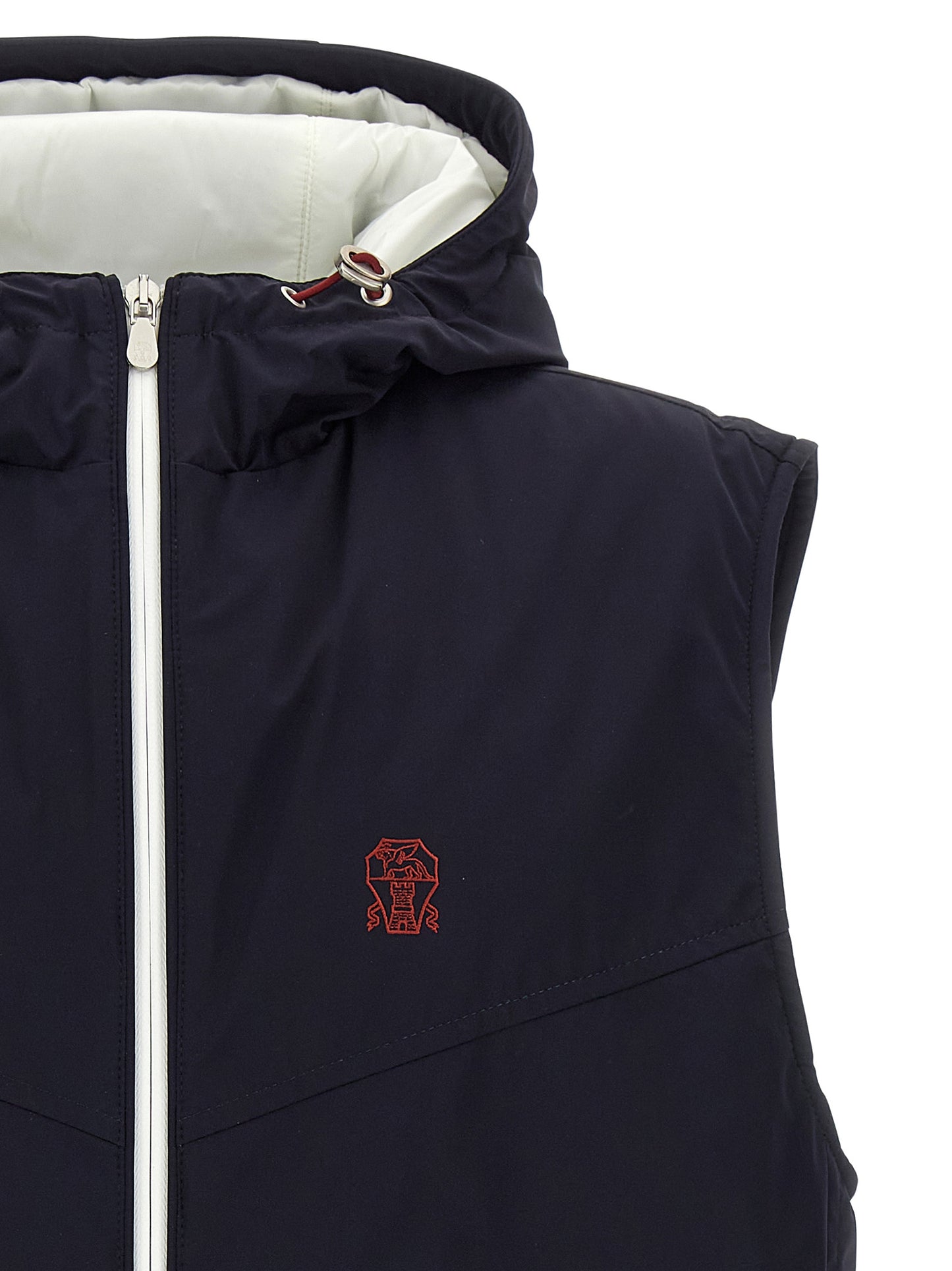 Hooded Vest by Brunello Cucinelli for men in stretch polyamide blue & signature features a chic silhouette, expertly detailed with a refined hooded high-neck neckline and premium pockets, hooded & insulated for a truly chic look.