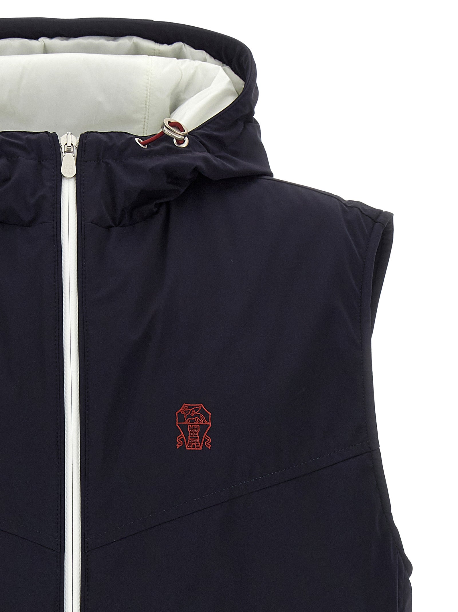Hooded Vest by Brunello Cucinelli for men in stretch polyamide blue & signature features a chic silhouette, expertly detailed with a refined hooded high-neck neckline and premium pockets, hooded & insulated for a truly chic look.
