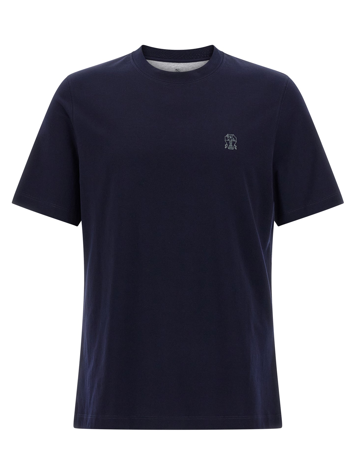 T-Shirt by Brunello Cucinelli for men in cotton blue & print showcases a dramatic silhouette, elegantly detailed with a dramatic crew neckline and short-sleeve for a truly dramatic finish.