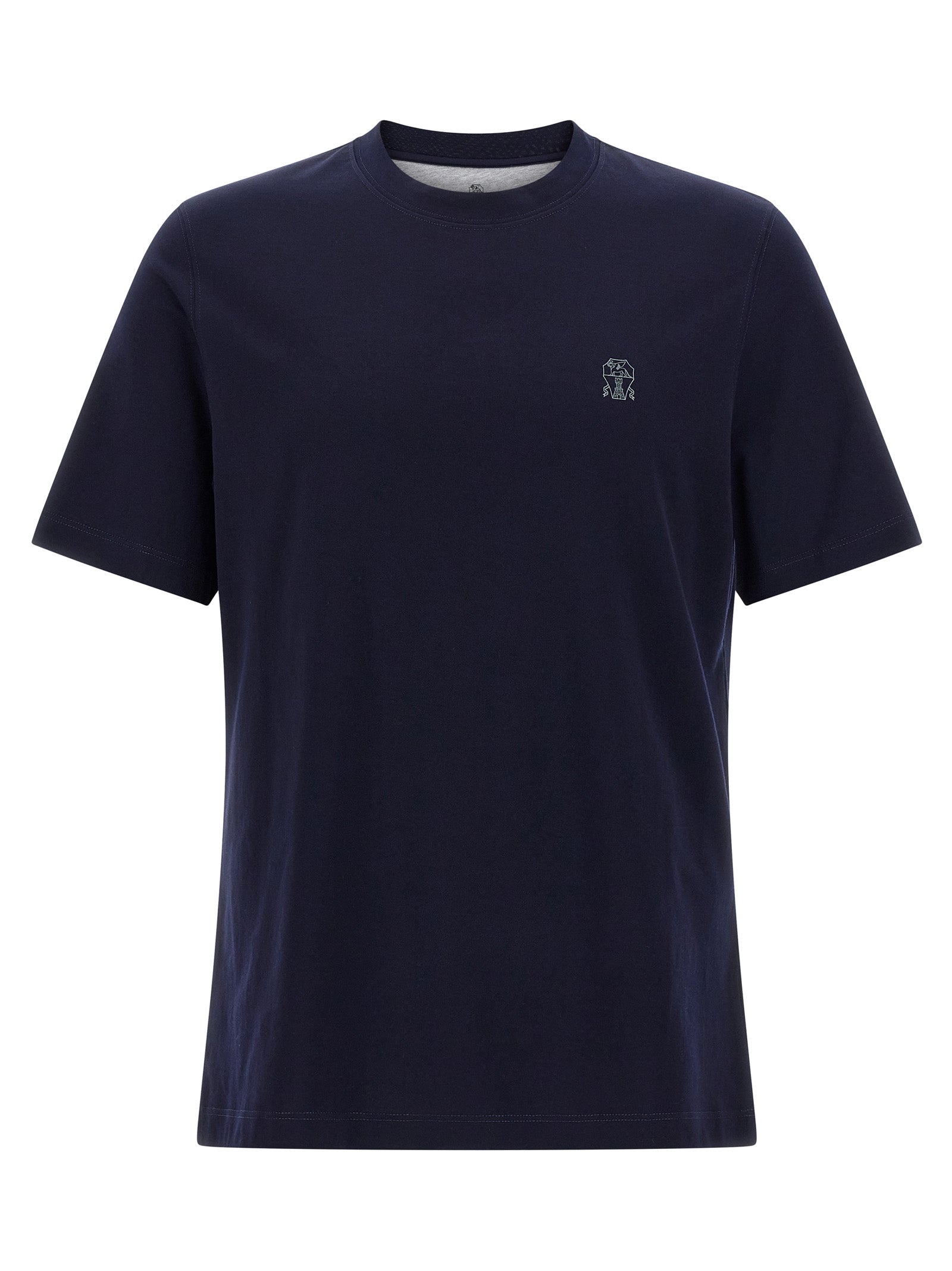 T-Shirt by Brunello Cucinelli for men in cotton blue & print showcases a dramatic silhouette, elegantly detailed with a dramatic crew neckline and short-sleeve for a truly dramatic finish.