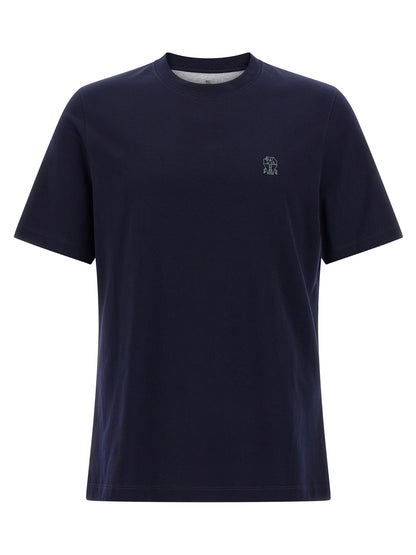 T-Shirt by Brunello Cucinelli for men in cotton blue & print showcases a dramatic silhouette, elegantly detailed with a dramatic crew neckline and short-sleeve for a truly dramatic finish.