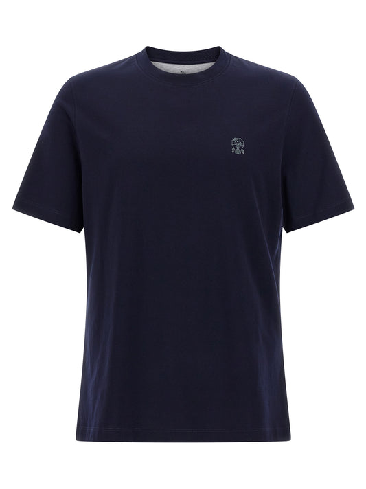 T-Shirt by Brunello Cucinelli for men in cotton blue & print showcases a dramatic silhouette, elegantly detailed with a dramatic crew neckline and short-sleeve for a truly dramatic finish.