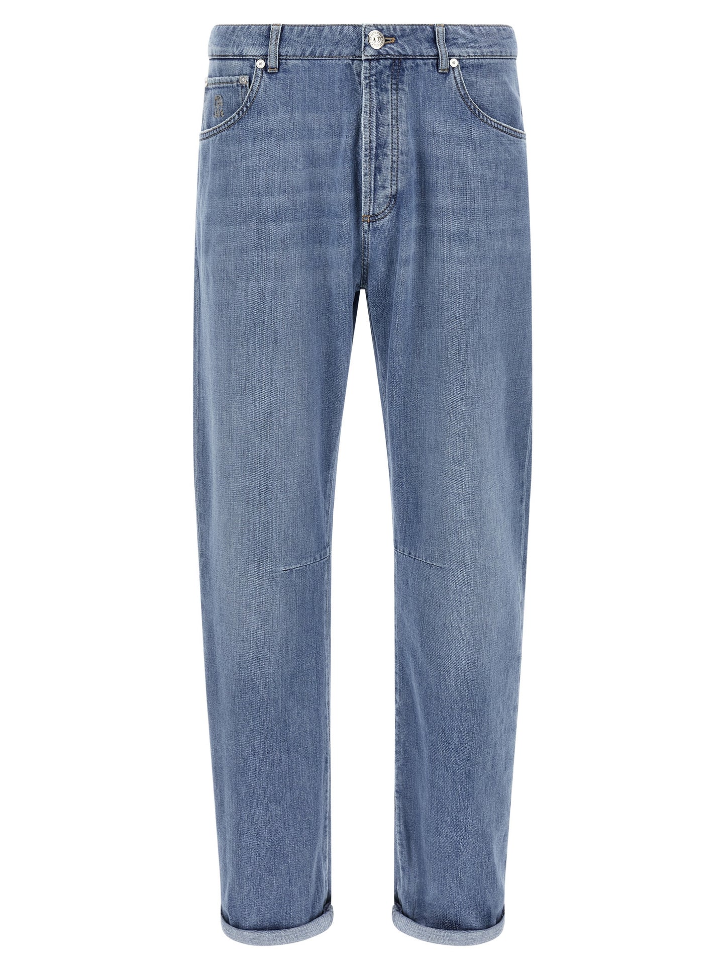 Jeans by Brunello Cucinelli for men in denim cotton & suede leather light-blue features an sophisticated and straight-leg with a precise long, creating a sophisticated and sophisticated silhouette.