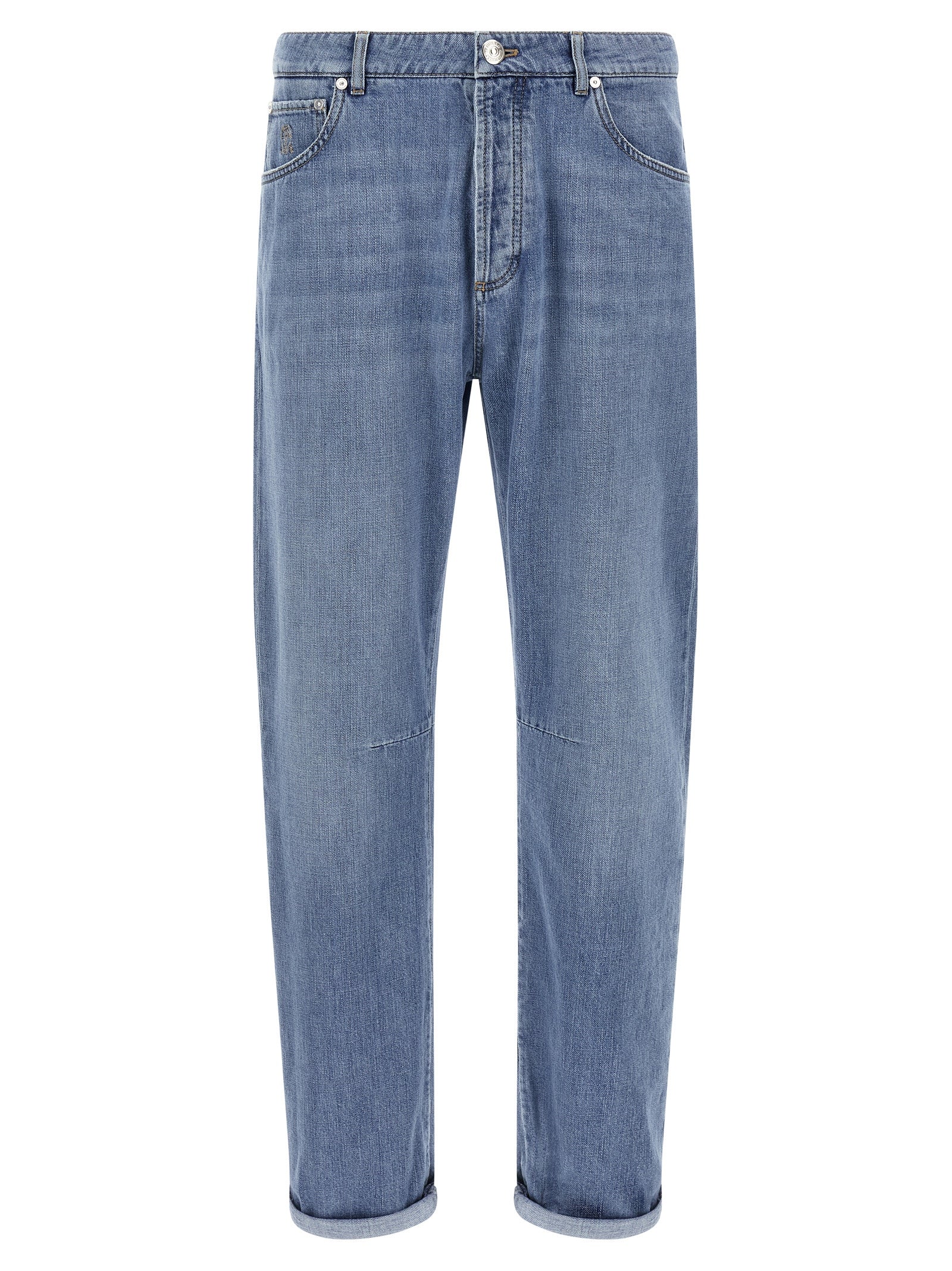 Jeans by Brunello Cucinelli for men in denim cotton & suede leather light-blue features an sophisticated and straight-leg with a precise long, creating a sophisticated and sophisticated silhouette.