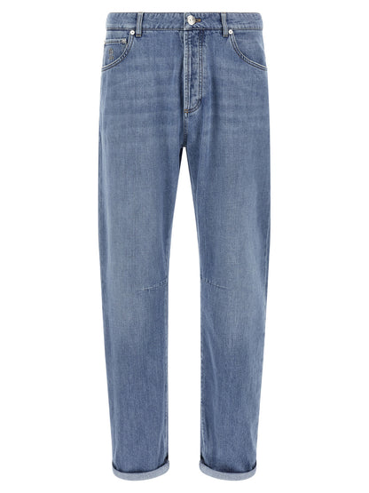 Jeans by Brunello Cucinelli for men in denim cotton & suede leather light-blue features an sophisticated and straight-leg with a precise long, creating a sophisticated and sophisticated silhouette.