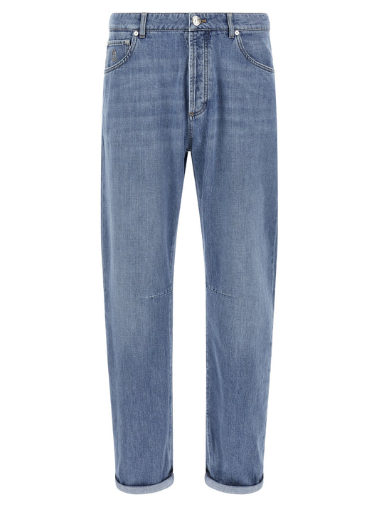 Jeans by Brunello Cucinelli for men in denim cotton & suede leather light-blue features an sophisticated and straight-leg with a precise long, creating a sophisticated and sophisticated silhouette.
