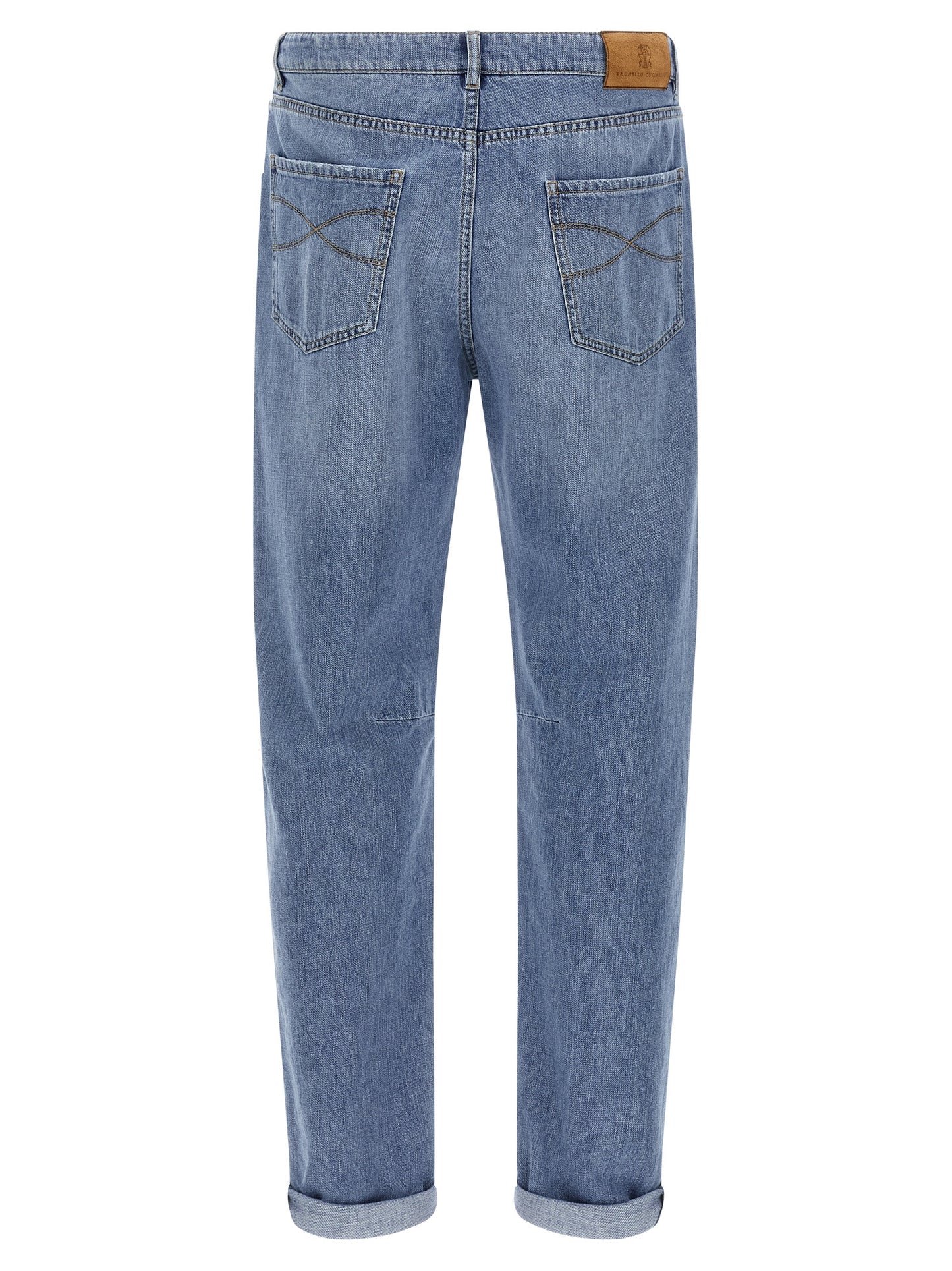 Jeans by Brunello Cucinelli for men in denim cotton & suede leather light-blue features a polished silhouette with a polished straight-leg, reaching a polished long and finished with a polished .