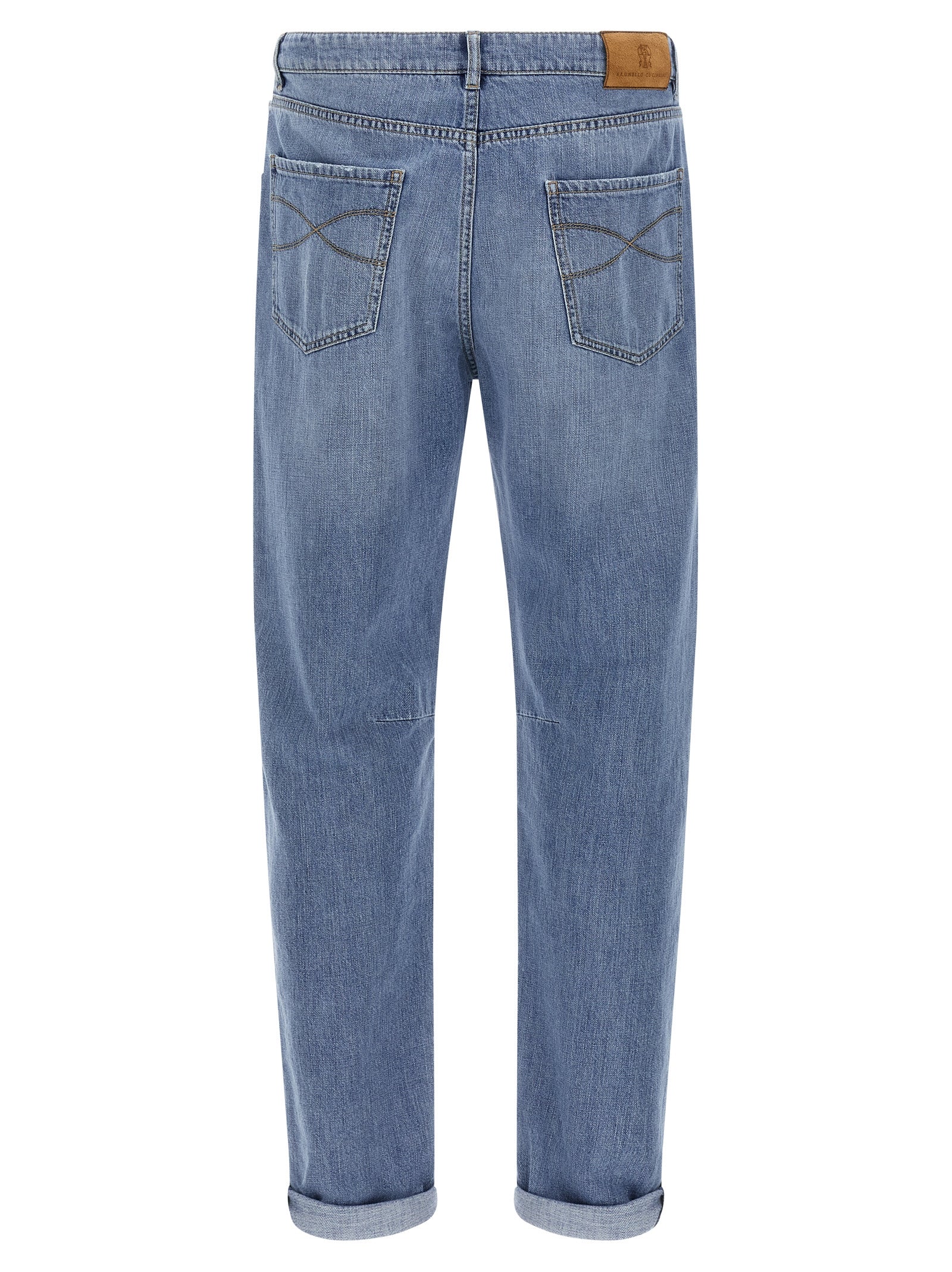 Jeans by Brunello Cucinelli for men in denim cotton & suede leather light-blue features a polished silhouette with a polished straight-leg, reaching a polished long and finished with a polished .