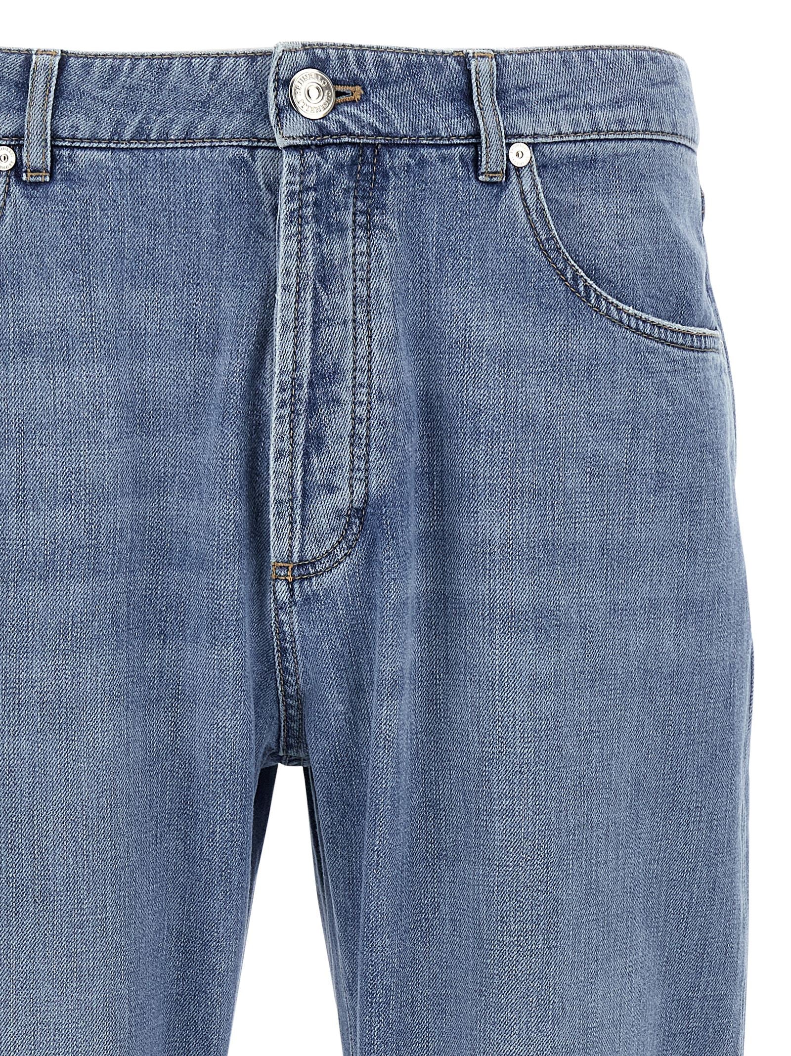Jeans by Brunello Cucinelli for men in denim cotton & suede leather light-blue features an refined tailoring silhouette, showcasing a premium straight-leg with a and long cut for a refined tailoring look.