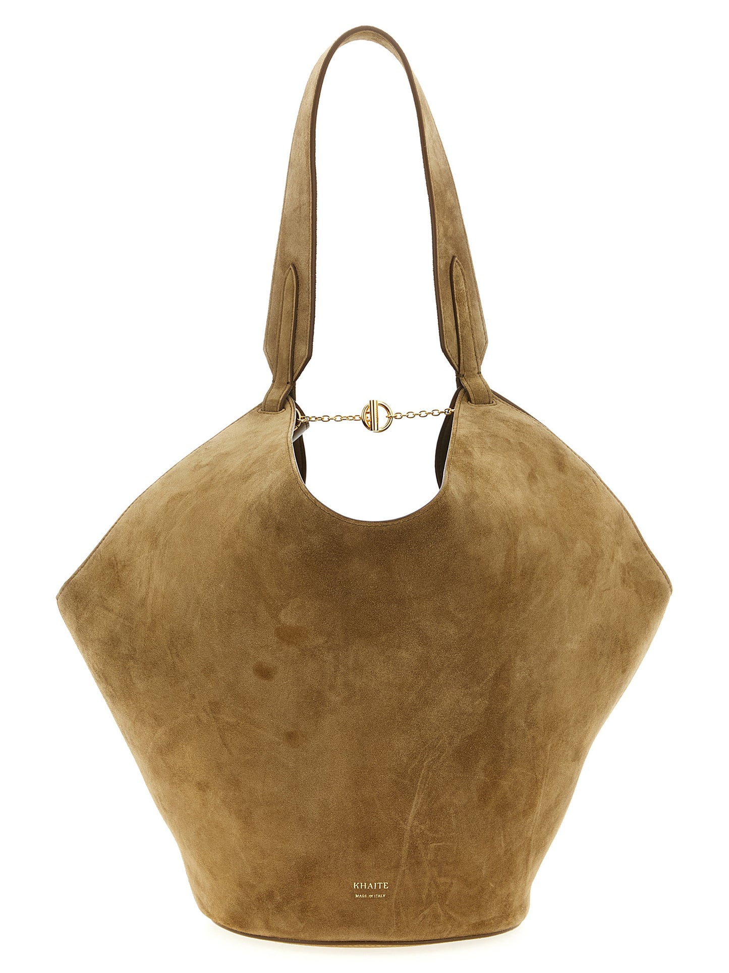 Small Shopper Tote Bag by Khaite for women in suede calfskin leather brown, gold & signature showcases a urban-chic Lotus Suede Calfskin Leather Small Shopper Tote Bag design, featuring a secure flap, ample , and versatile handle for a urban-chic finish.