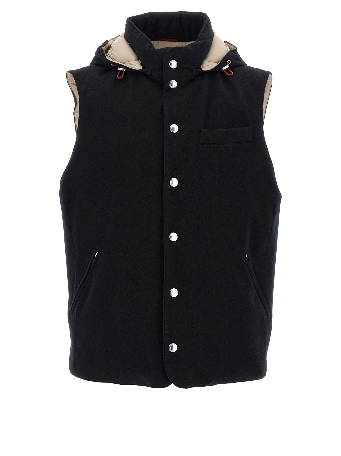 Hooded Vest by Brunello Cucinelli for men in plush nylon wool & goose-down black showcases a utilitarian silhouette, artfully incorporating hooded & insulated and a utilitarian hooded high-neck neckline for a truly utilitarian finish.