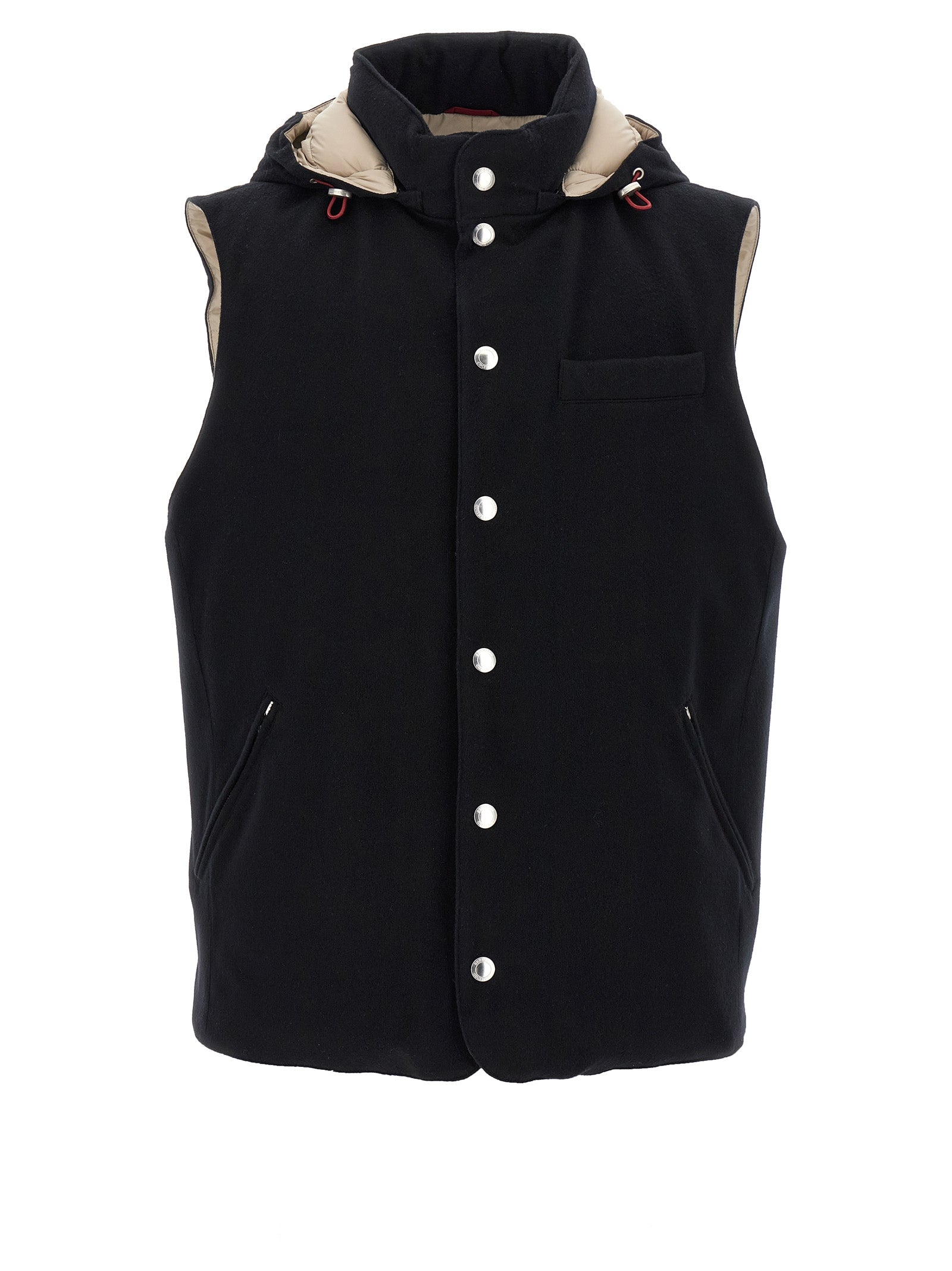 Hooded Vest by Brunello Cucinelli for men in plush nylon wool & goose-down black showcases a utilitarian silhouette, artfully incorporating hooded & insulated and a utilitarian hooded high-neck neckline for a truly utilitarian finish.