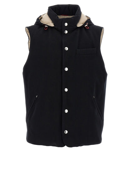 Hooded Vest by Brunello Cucinelli for men in plush nylon wool & goose-down black showcases a utilitarian silhouette, artfully incorporating hooded & insulated and a utilitarian hooded high-neck neckline for a truly utilitarian finish.