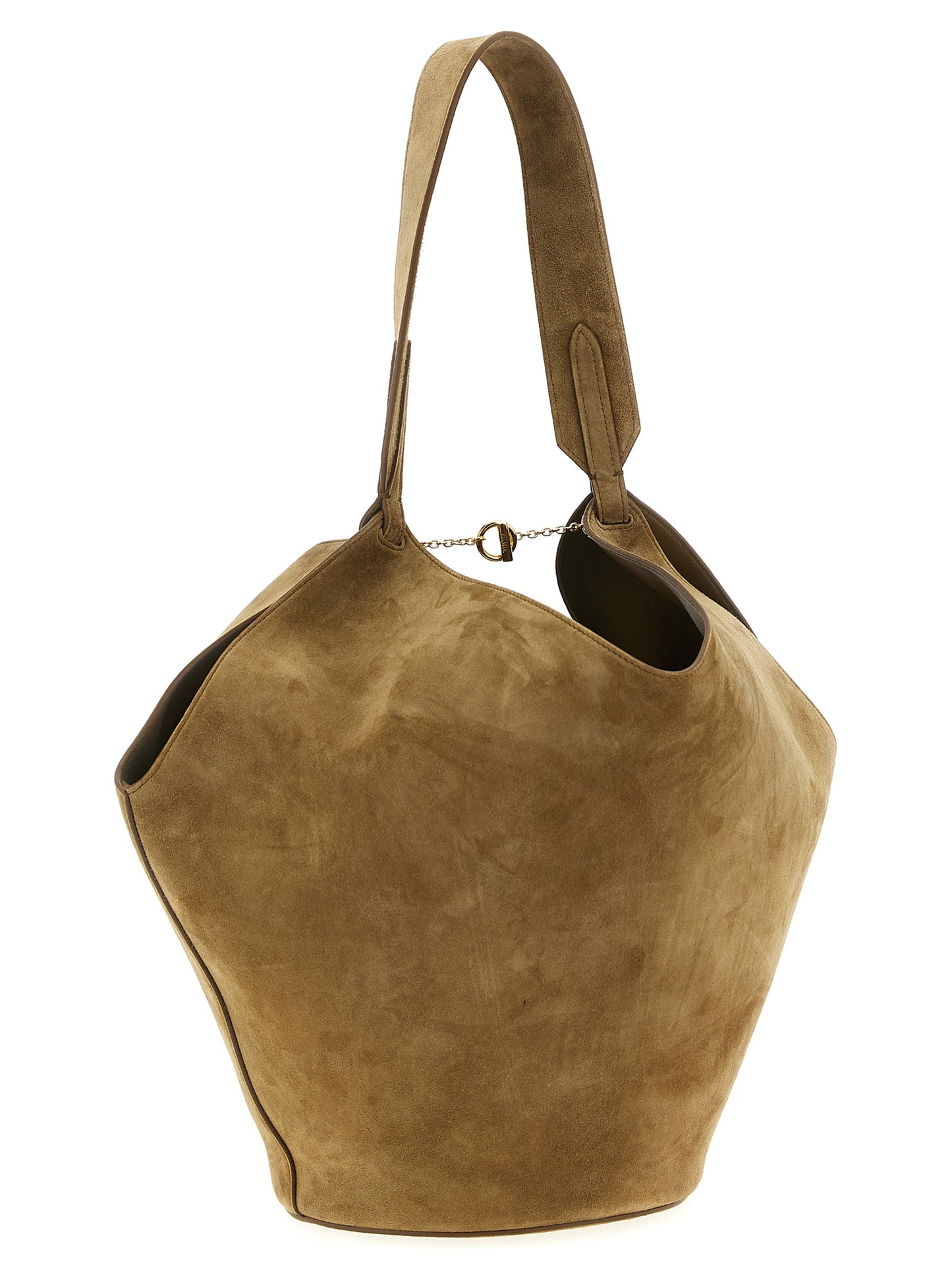 Small Shopper Tote Bag by Khaite for women in suede calfskin leather brown, gold & signature showcases a urban-chic Lotus Suede Calfskin Leather Small Shopper Tote Bag design, featuring a secure flap, ample , and versatile handle for a urban-chic finish.