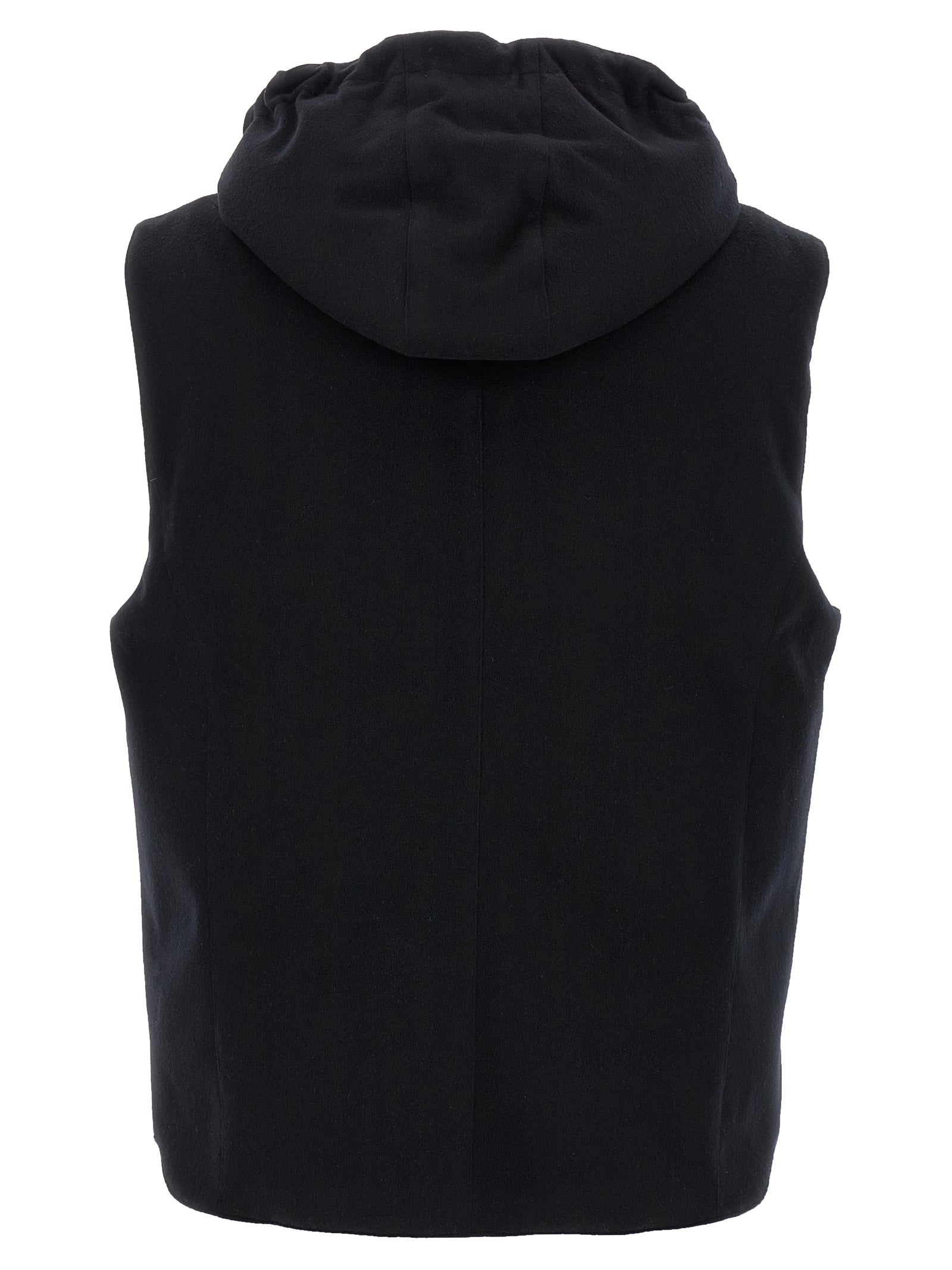 Hooded Vest by Brunello Cucinelli for men in plush nylon wool & goose-down black features an contemporary silhouette, showcasing refined hooded & insulated and a contemporary hooded high-neck neckline for a sophisticated layered look.