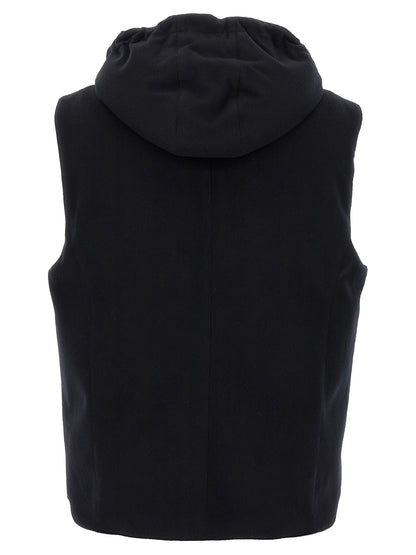 Hooded Vest by Brunello Cucinelli for men in plush nylon wool & goose-down black features an contemporary silhouette, showcasing refined hooded & insulated and a contemporary hooded high-neck neckline for a sophisticated layered look.