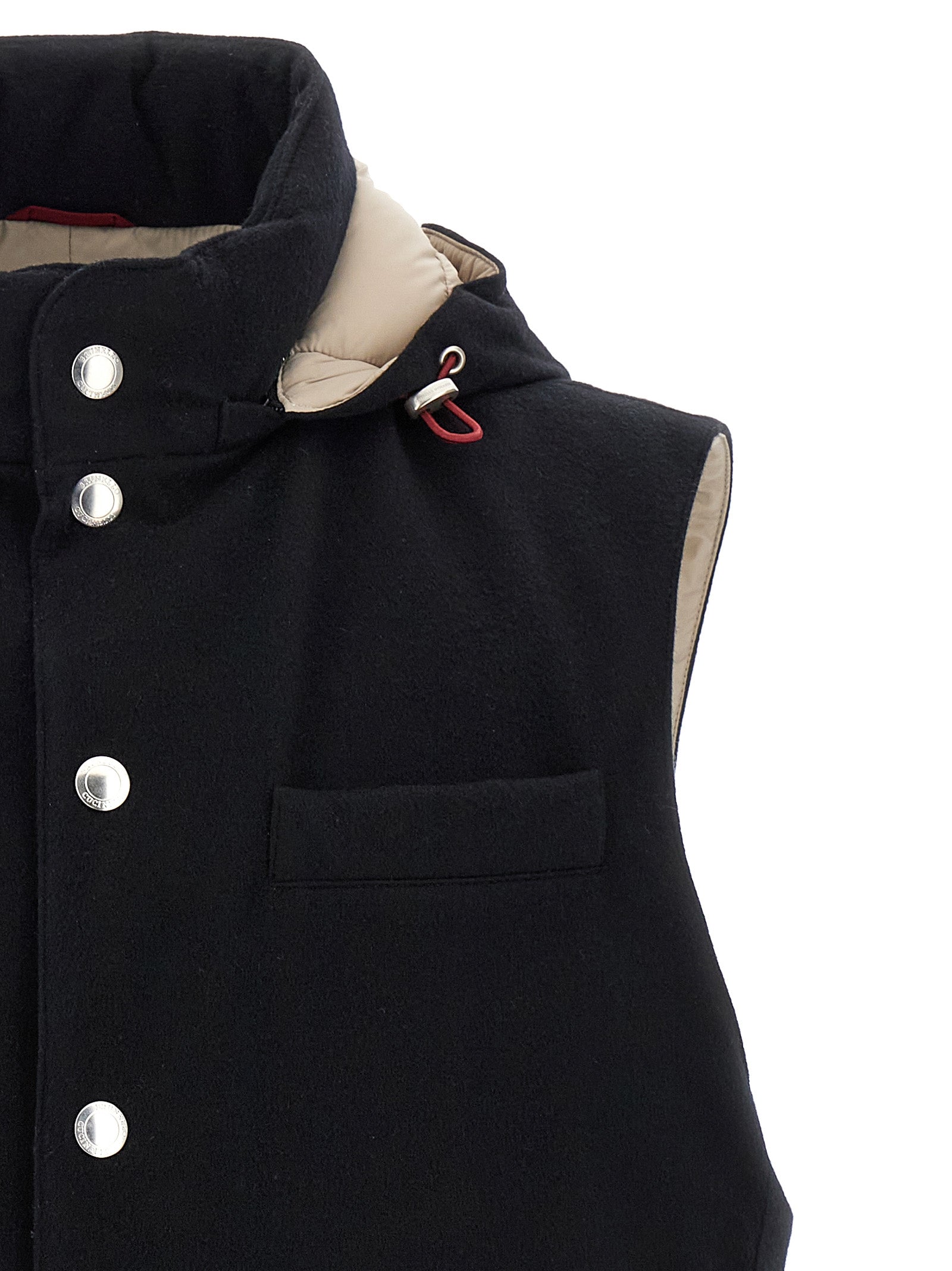 Hooded Vest by Brunello Cucinelli for men in plush nylon wool & goose-down black features a stylish silhouette, showcasing distinct hooded & insulated and a refined hooded high-neck neckline for a truly stylish finish.