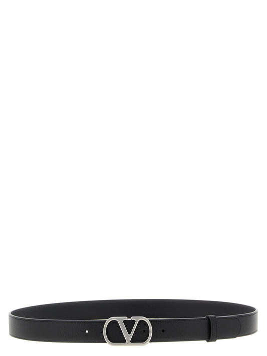 Belt by Valentino Garavani for men in calfskin leather black & signature features an artisanal finish, elegantly showcasing the signature style and artisanal craftsmanship of the Essence V Logo Calfskin Leather Belt design.