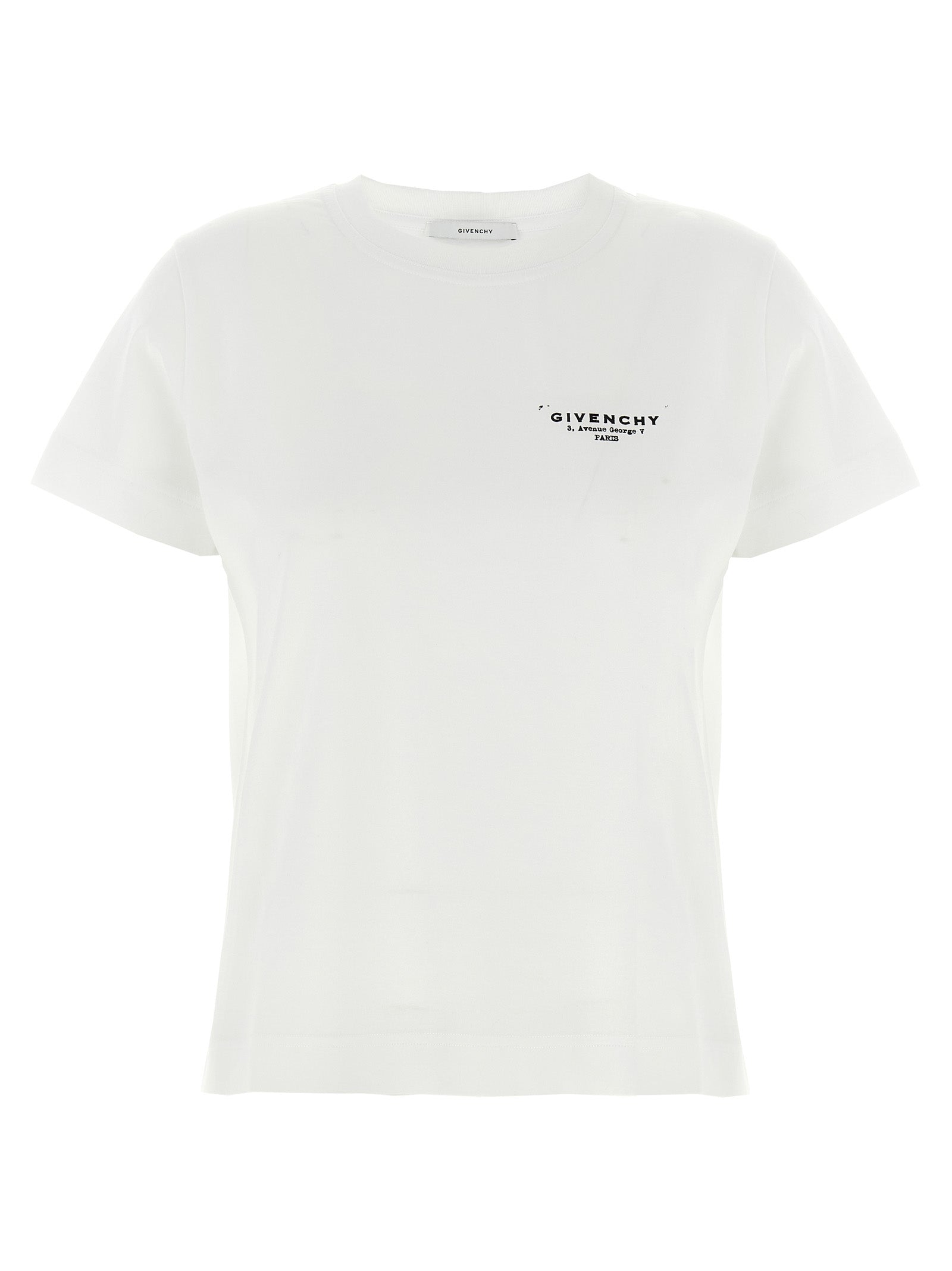 T-Shirt by Givenchy for women in cotton bicolour, black, white & print showcases a fashionable silhouette, elegantly detailed with a fashionable short-sleeve and crew neckline for a sophisticated, high-fashion look.