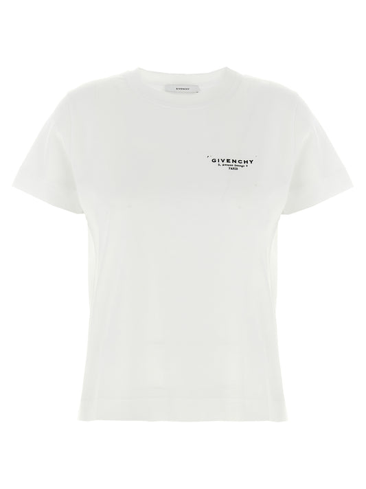 T-Shirt by Givenchy for women in cotton bicolour, black, white & print showcases a fashionable silhouette, elegantly detailed with a fashionable short-sleeve and crew neckline for a sophisticated, high-fashion look.