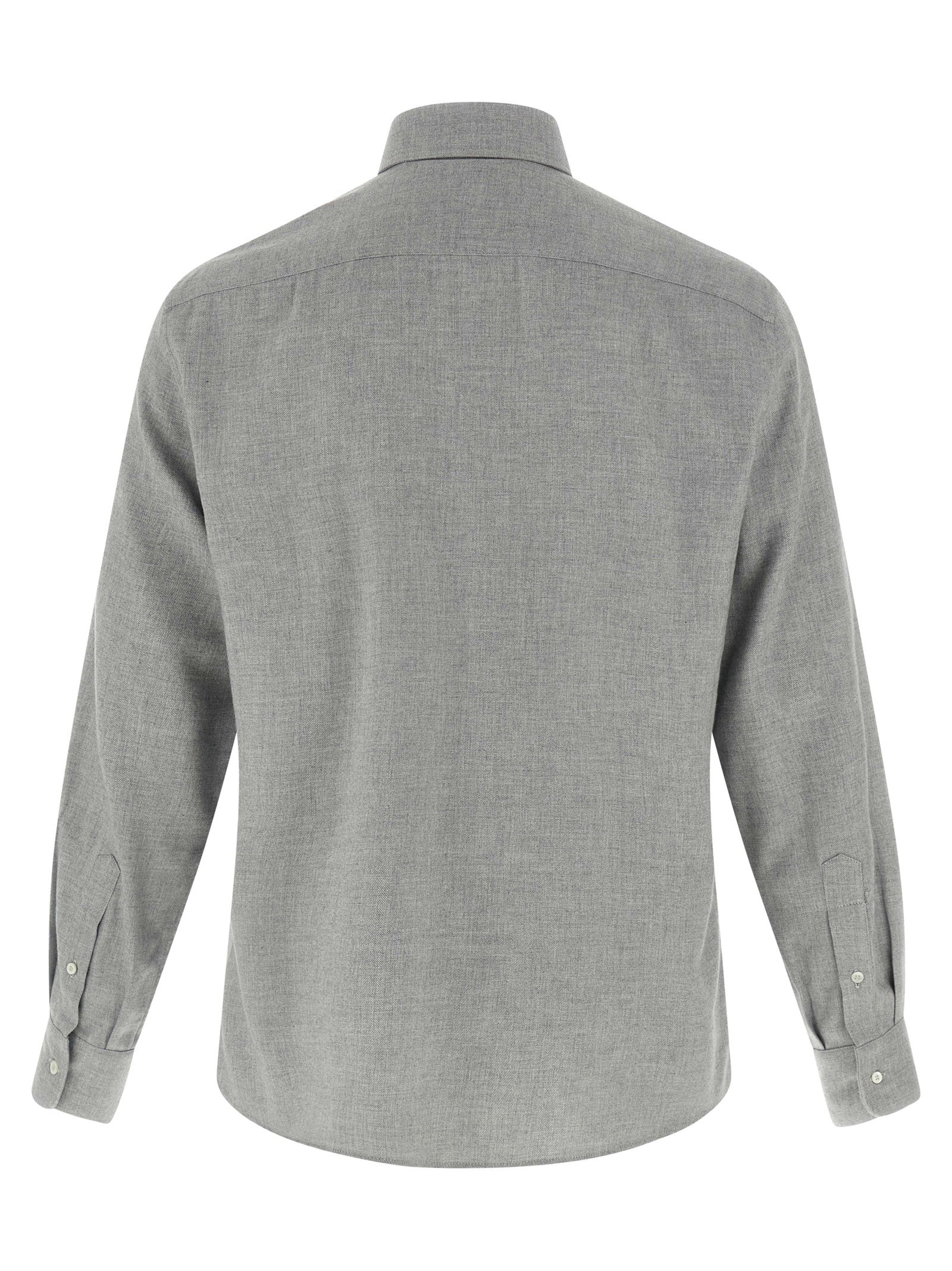 Shirt by Brunello Cucinelli for men in lyocell & cotton gray showcases a sharp silhouette, elegantly detailed with a sharp and sharp .
