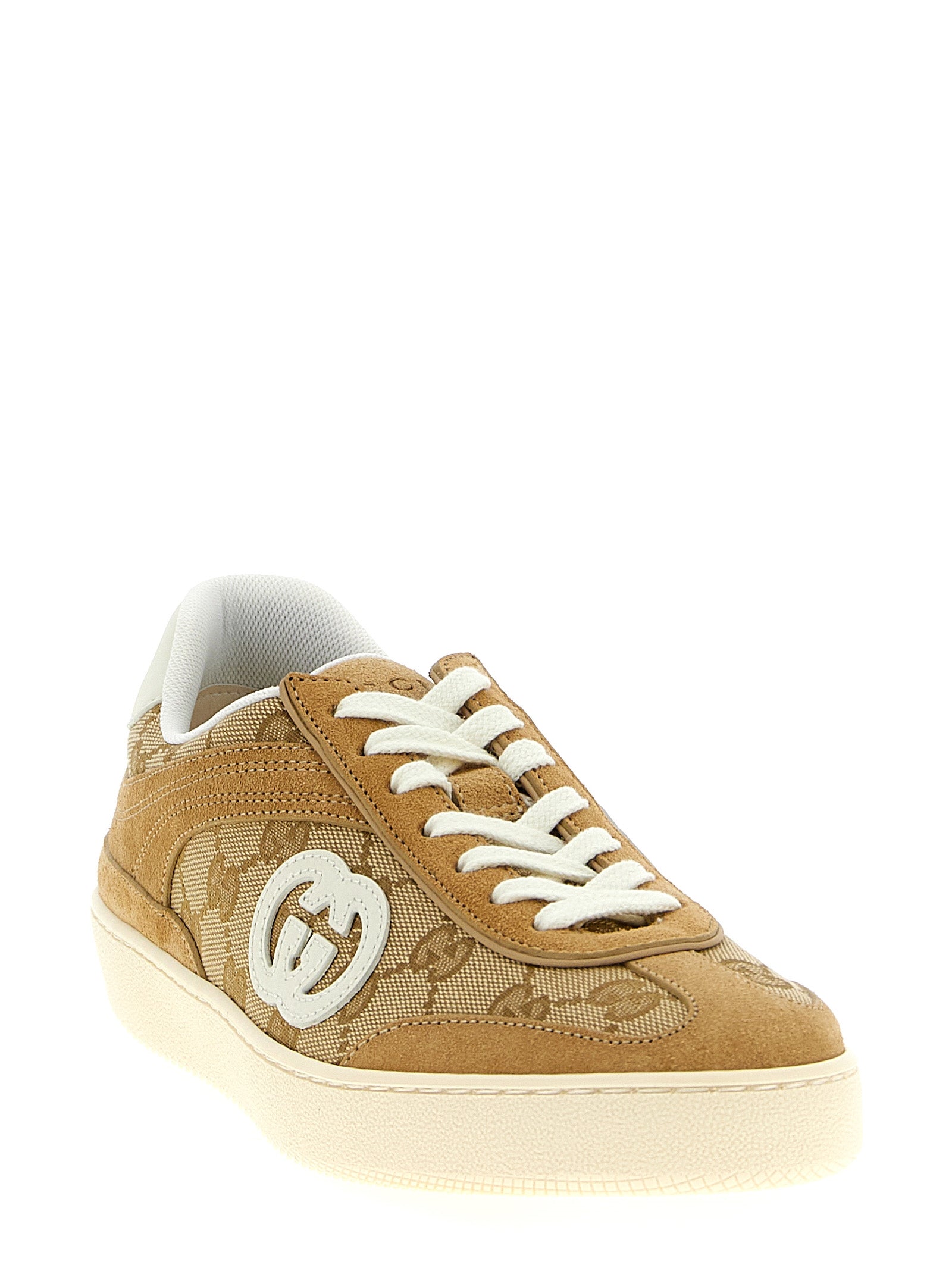 Sneakers by Gucci for women in bos taurus calfskin leather beige & signature features an timeless silhouette from the Gg Women's Low Top Bos Taurus Calfskin Leather Sneakers collection, showcasing a signature low-top style with an timeless finish.