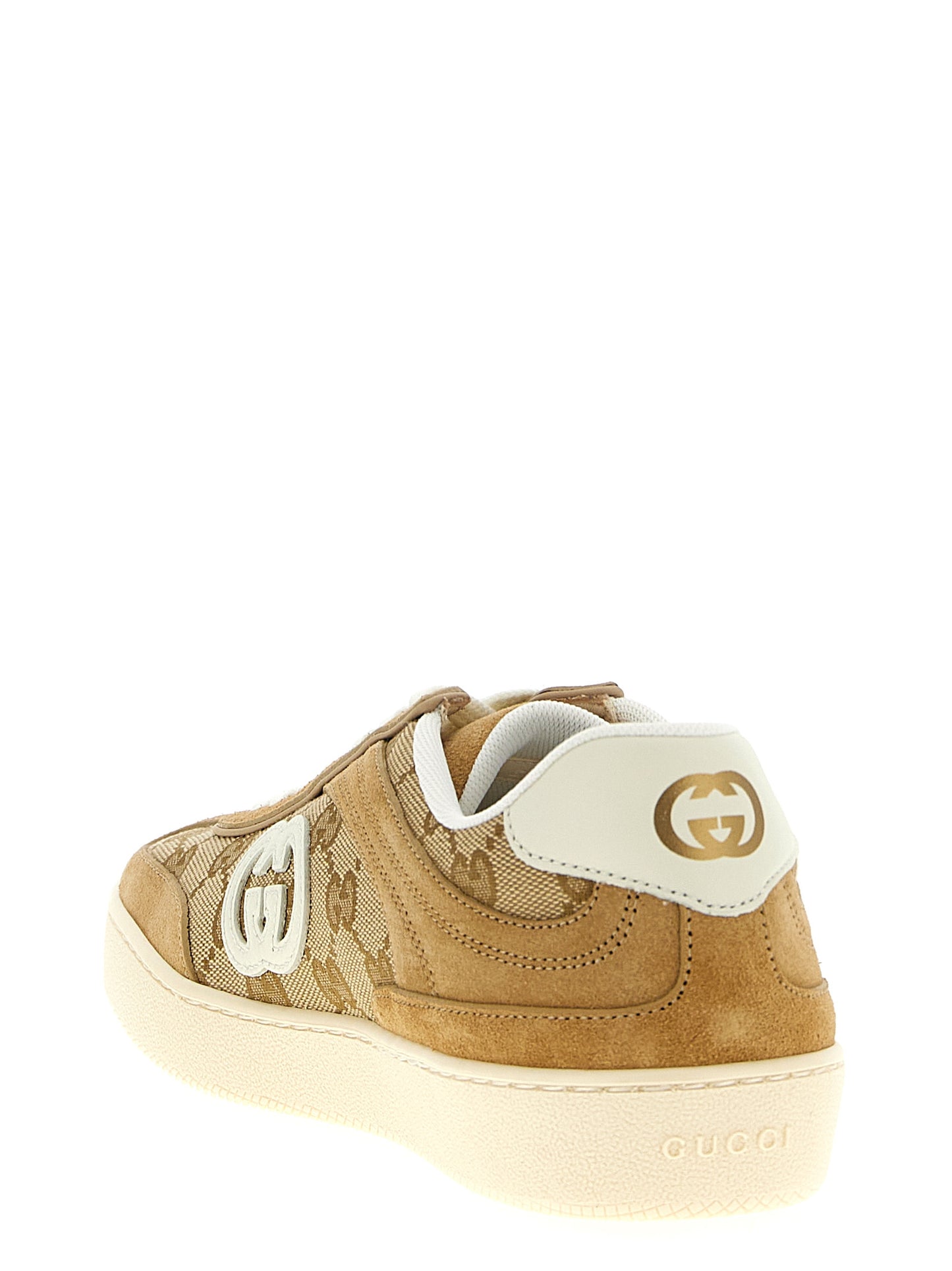 Sneakers by Gucci for women in bos taurus calfskin leather beige & signature features an timeless silhouette from the Gg Women's Low Top Bos Taurus Calfskin Leather Sneakers collection, showcasing a signature low-top style with an timeless finish.