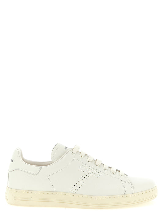Sneakers by Tom Ford for men in leather & brass white features an timeless silhouette from the Men's Low Top Leather & Brass Sneakers collection, showcasing a signature low-top style with an timeless finish.