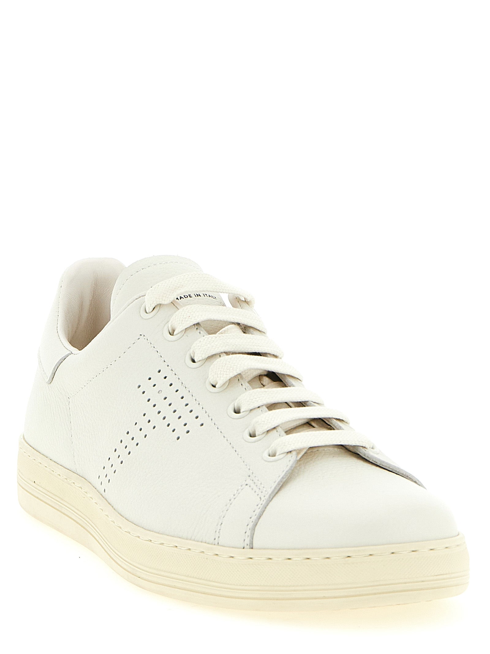 Sneakers by Tom Ford for men in leather & brass white presents a on trend silhouette from the Men's Low Top Leather & Brass Sneakers collection, showcasing a on trend low-top style for an elevated aesthetic.
