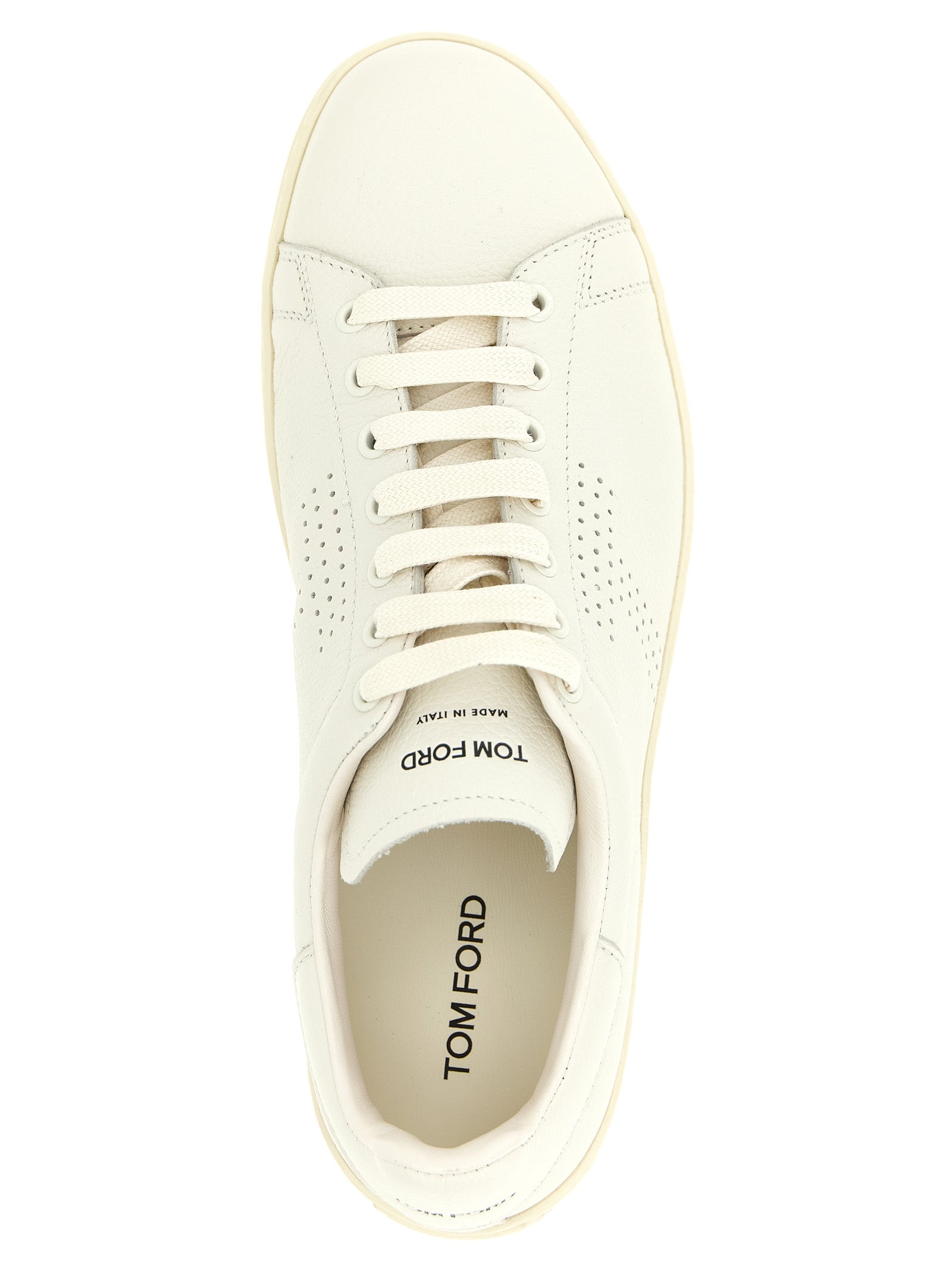 Sneakers by Tom Ford for men in leather & brass white presents a on trend silhouette from the Men's Low Top Leather & Brass Sneakers collection, showcasing a on trend low-top style for an elevated aesthetic.