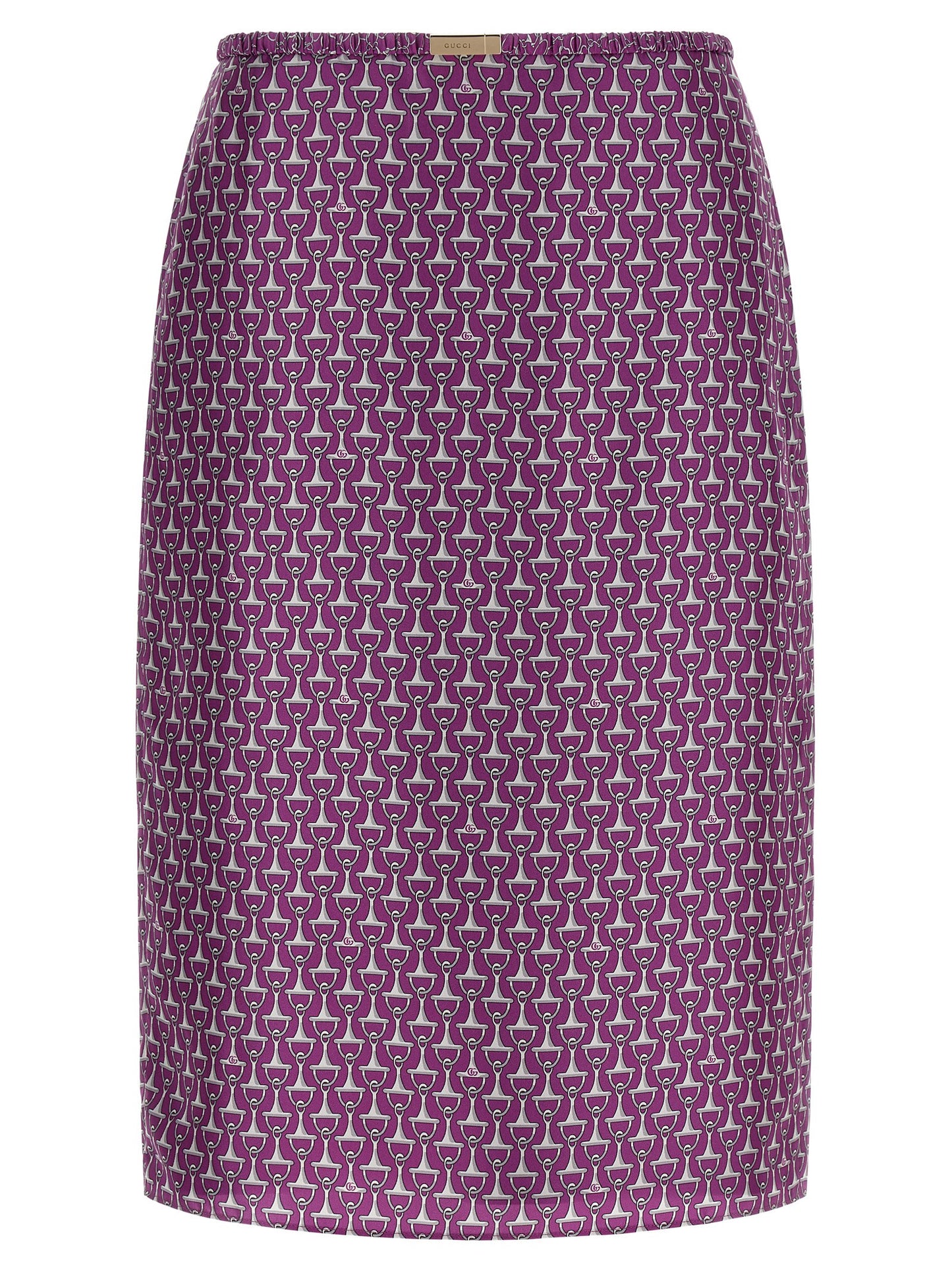 Skirt by Gucci for women in silk purple & print features a contoured silhouette from the Women's Sheath Silk Skirt collection, characterized by its contoured midi for a contoured finish.