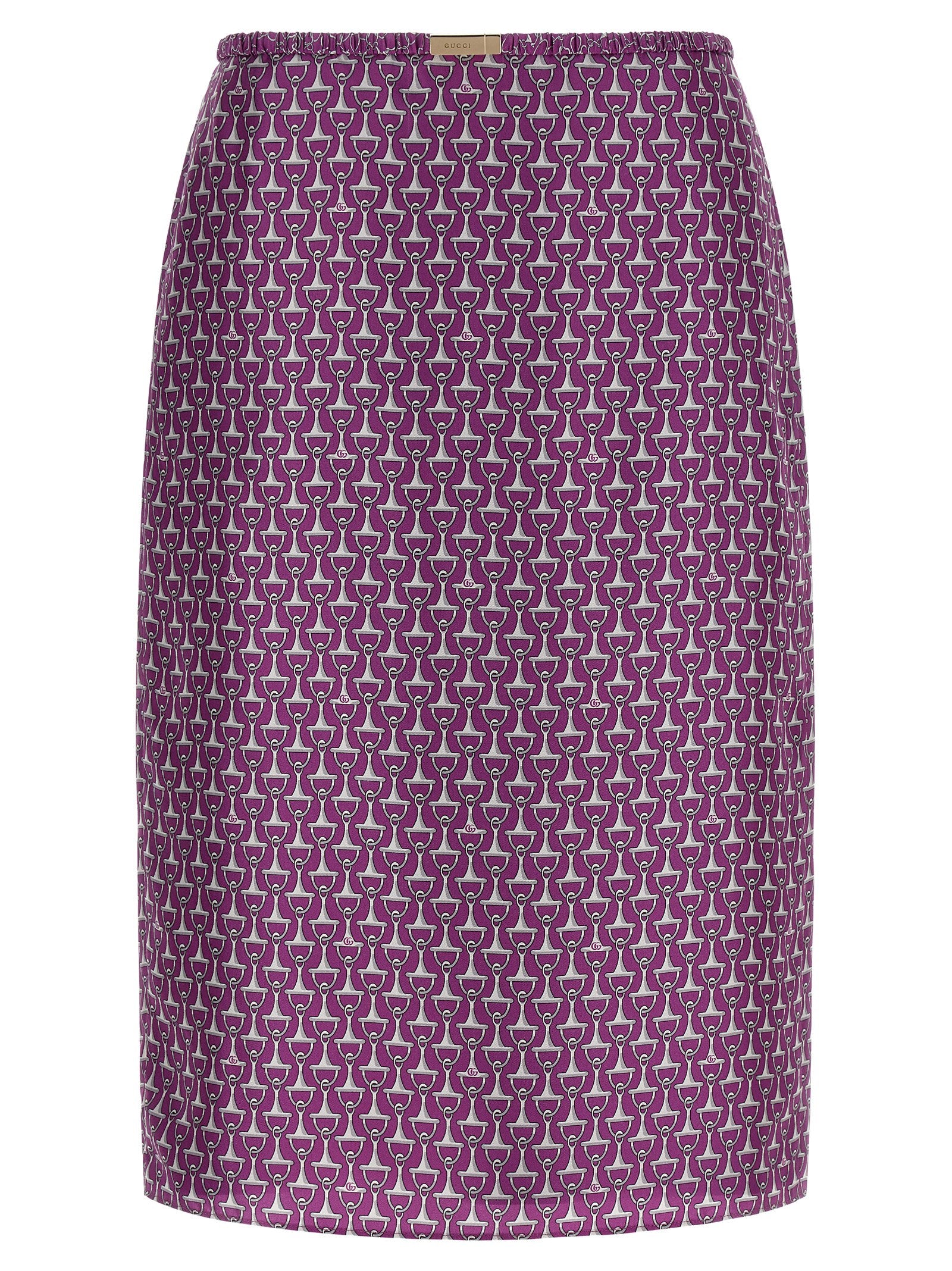 Skirt by Gucci for women in silk purple & print features a contoured silhouette from the Women's Sheath Silk Skirt collection, characterized by its contoured midi for a contoured finish.
