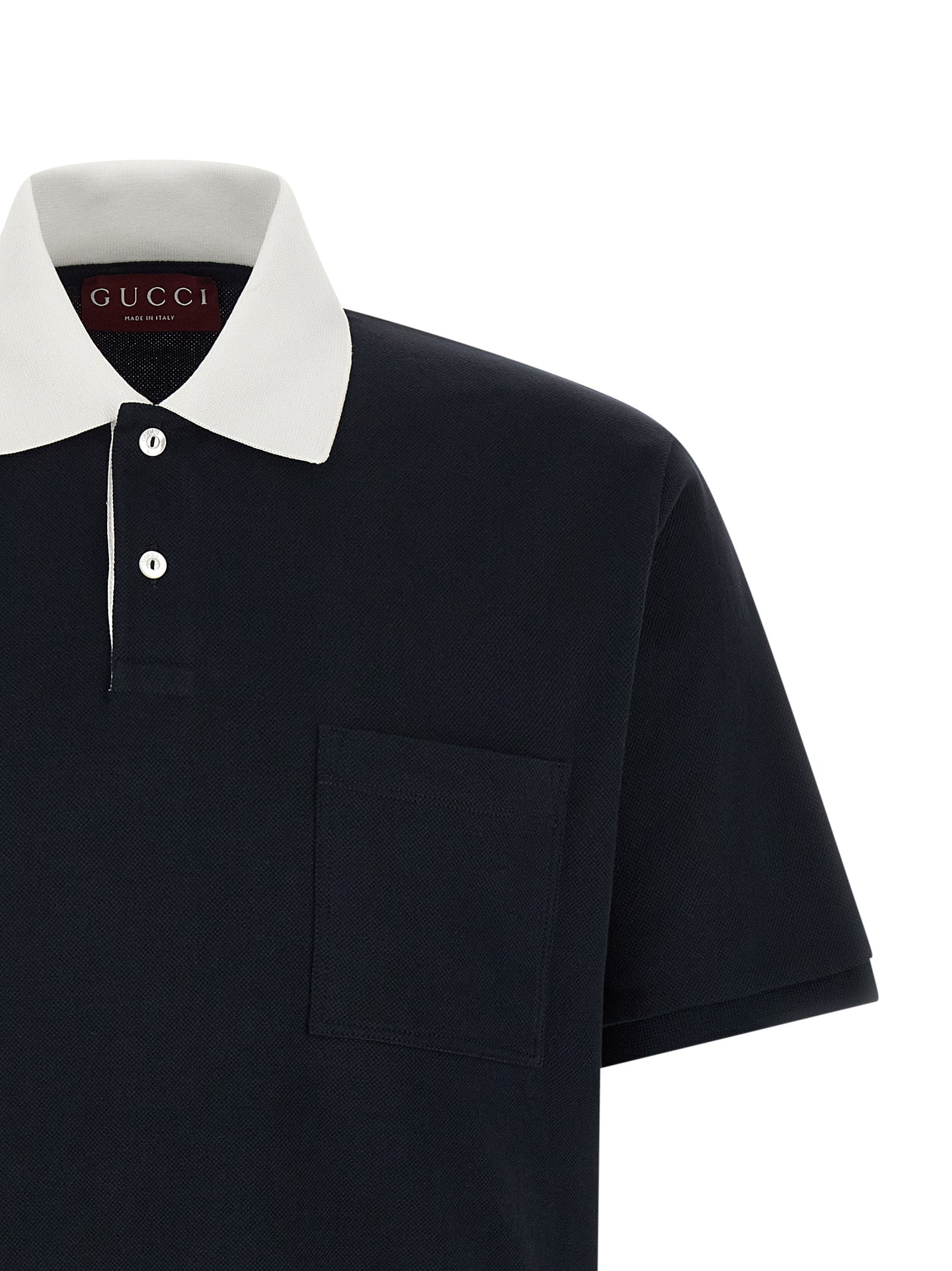 Polo Shirt by Gucci for men in stretch cotton blue showcases a sharp silhouette, detailed with a refined and sharp for a sophisticated finish.