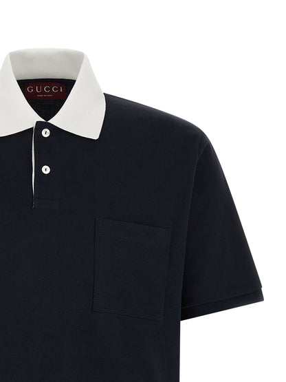 Polo Shirt by Gucci for men in stretch cotton blue showcases a sharp silhouette, detailed with a refined and sharp for a sophisticated finish.